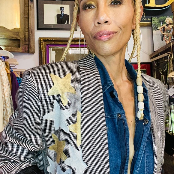 OOAK hand painted vintage houndstooth check blazer jacket pockets S M L stars - Picture 2 of 5